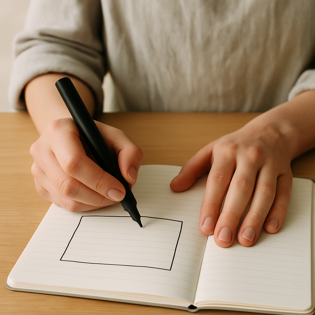 Adult hands draw a large rectangle with a black marker on a lined notebook page for a birding journal. Notebook on a pale wood table.