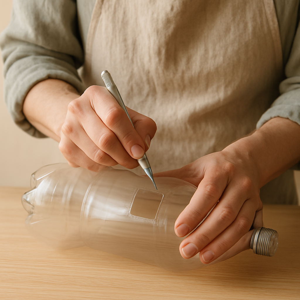 Adult hands in an apron use a craft knife to cut a 2cm square feeding hole into a clear 2-liter plastic bottle for a bird feeder.