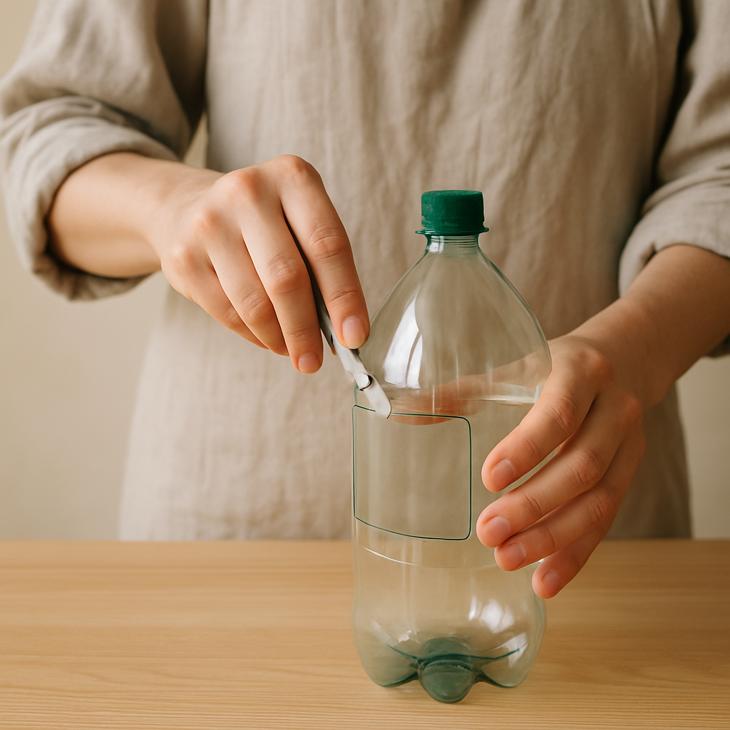Hands in linen apron carefully use a craft knife to start cutting a rectangular opening in a 2-liter plastic bottle for a bird feeder.