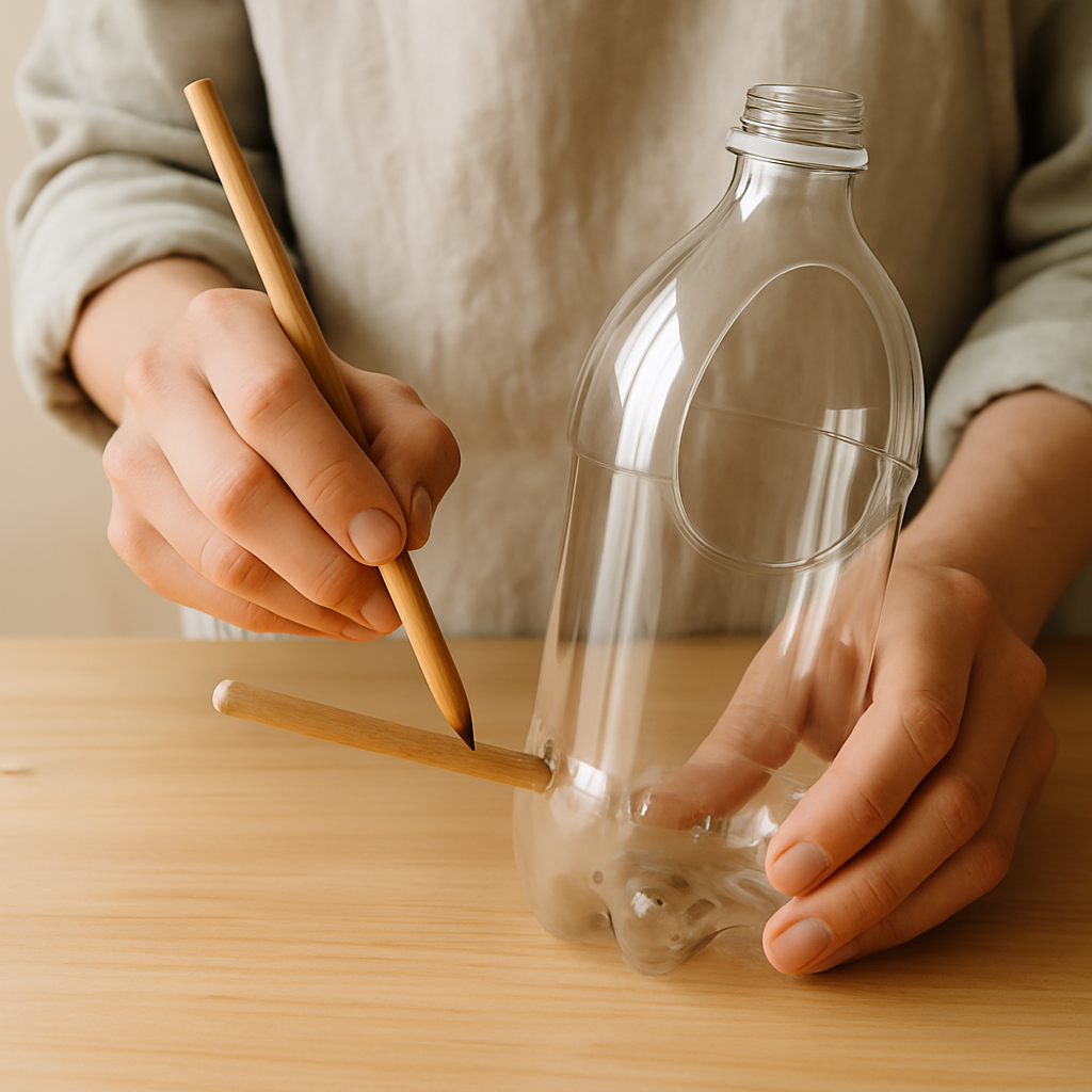 Hands insert a wooden perch into a plastic bottle bird feeder for a Backyard Bird Buffet Bonanza. Drainage holes are visible in the base.