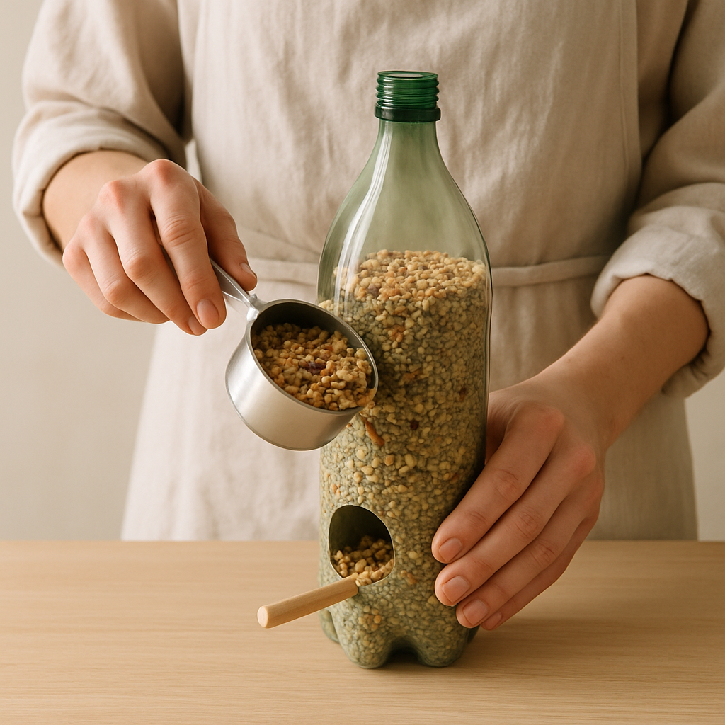 Hands in an oatmeal apron pour birdseed from a measuring cup into a green soda bottle feeder with a wooden perch, part of a Backyard Bird Buffet Bonanza craft.