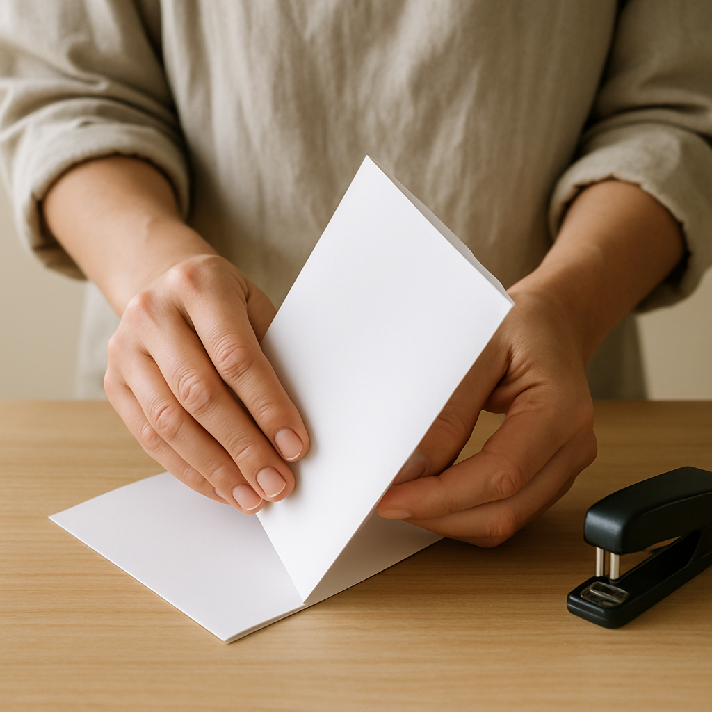 Adult hands in an oatmeal apron fold white A4 cardstock lengthwise on a wooden table, creating a field guide booklet for the Backyard Bird Buffet Bonanza craft. A stapler sits nearby.