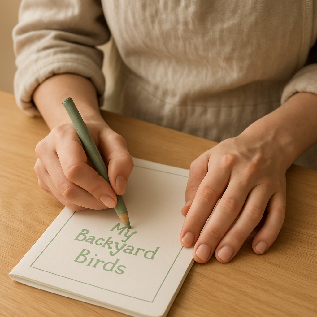 Adult hands in an oatmeal linen top draw a green border around 'My Backyard Birds' on a DIY field guide booklet with a green colored pencil.