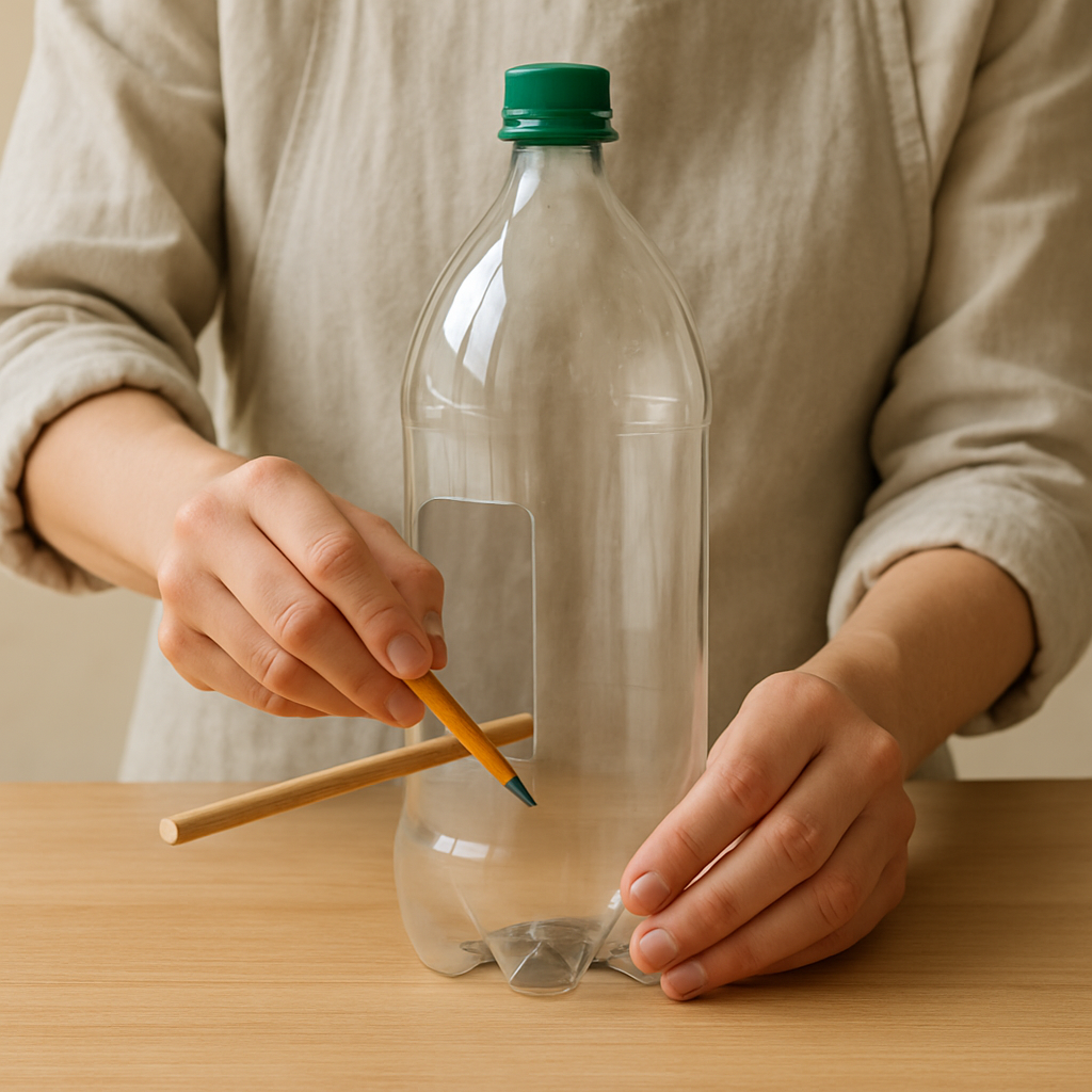 Adult hands in an apron hold a pencil to a clear plastic bottle, preparing to poke a hole for a Backyard Bird Buffet Bonanza perch. A wooden perch is partially inserted.