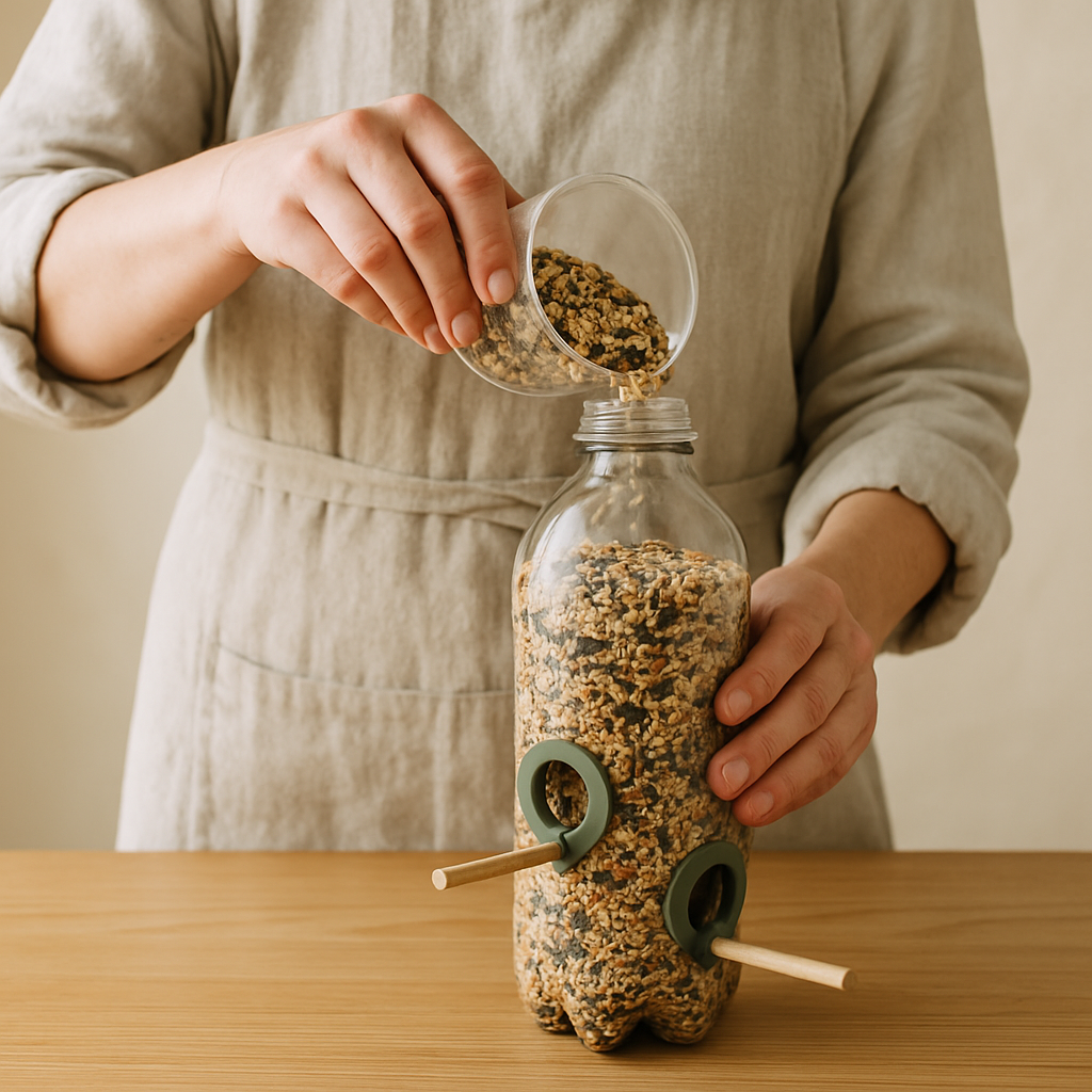 Hands in an apron pour mixed birdseed into a plastic bottle feeder, part of the Backyard Bird Buffet Bonanza craft.