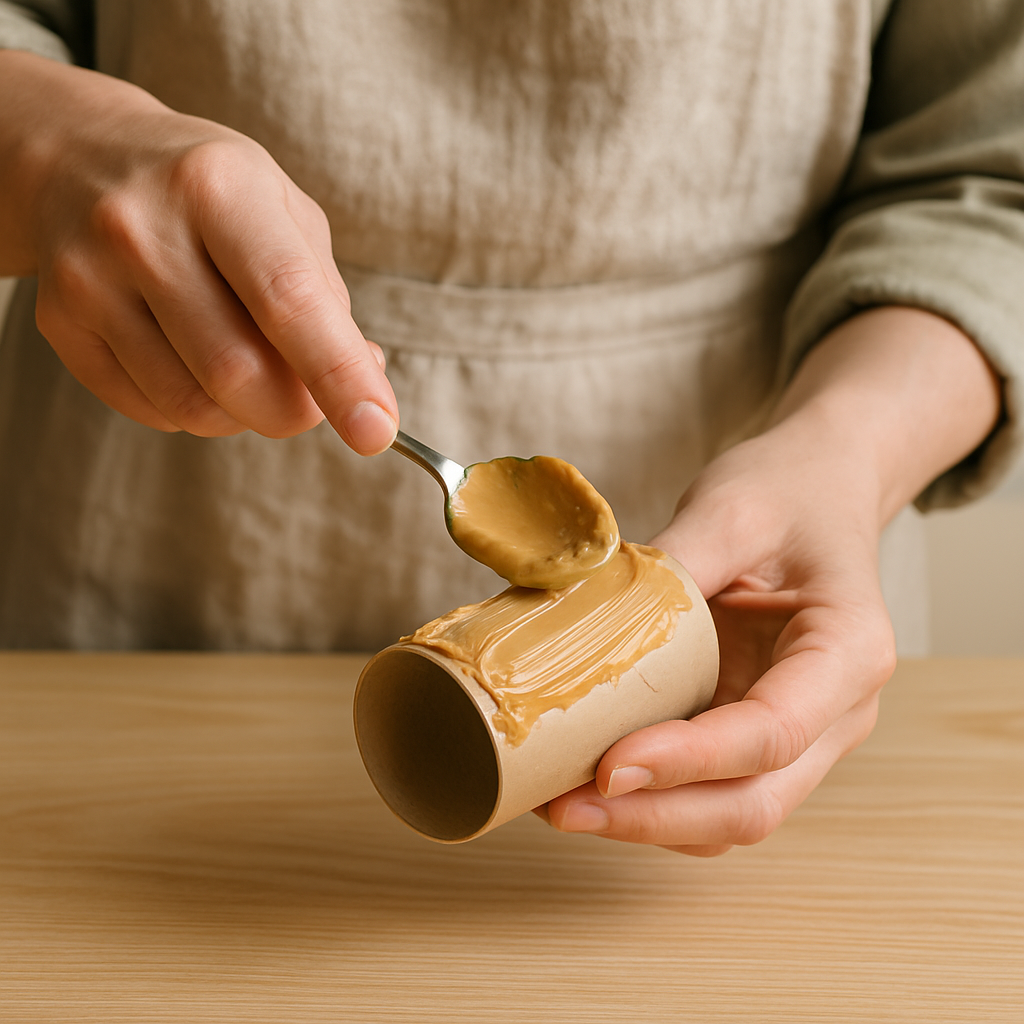 Adult hands in an apron spread peanut butter onto a cardboard toilet paper tube with a spoon for a bird feeder craft.