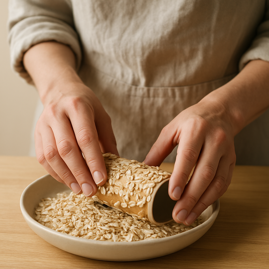 Adult hands in an apron roll a peanut butter-covered tube in a dish of oats, coating it for a Backyard Bird Buffet Bonanza feeder.