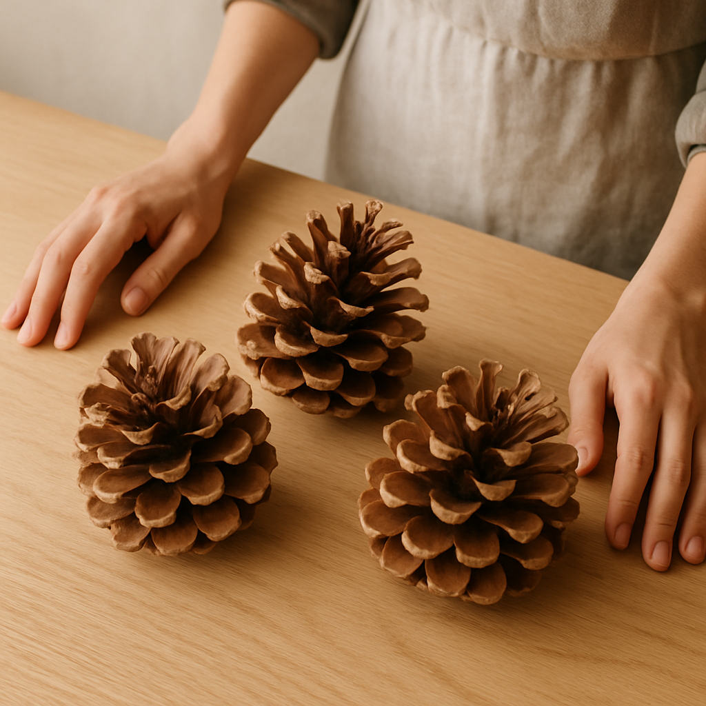 Three large, open pinecones are displayed on a light oak table, with hands resting nearby, for a Backyard Bird Buffet Bonanza craft.