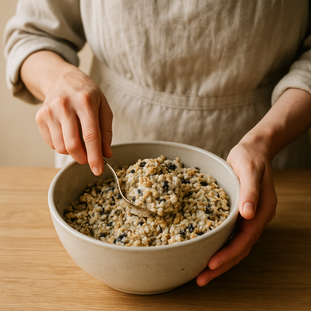 Hands in a linen apron mix suet, birdseed, and oats in a bowl with a spoon to form a thick paste for a Backyard Bird Buffet Bonanza.
