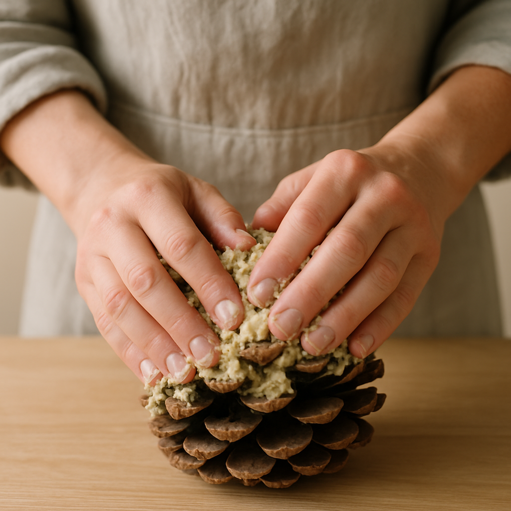 Adult hands in an oatmeal apron firmly press suet mixture into a large pinecone, crafting a Backyard Bird Buffet Bonanza feeder.