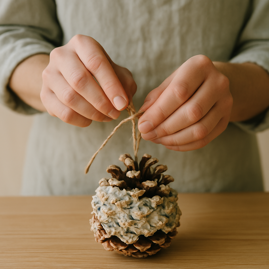 Adult hands tie twine around a suet-coated pinecone feeder, creating a hanging loop for a Backyard Bird Buffet Bonanza craft.