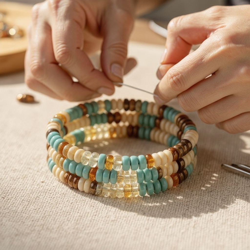 Step 4: Begin threading your chosen beads onto the memory wire, sliding them towards the