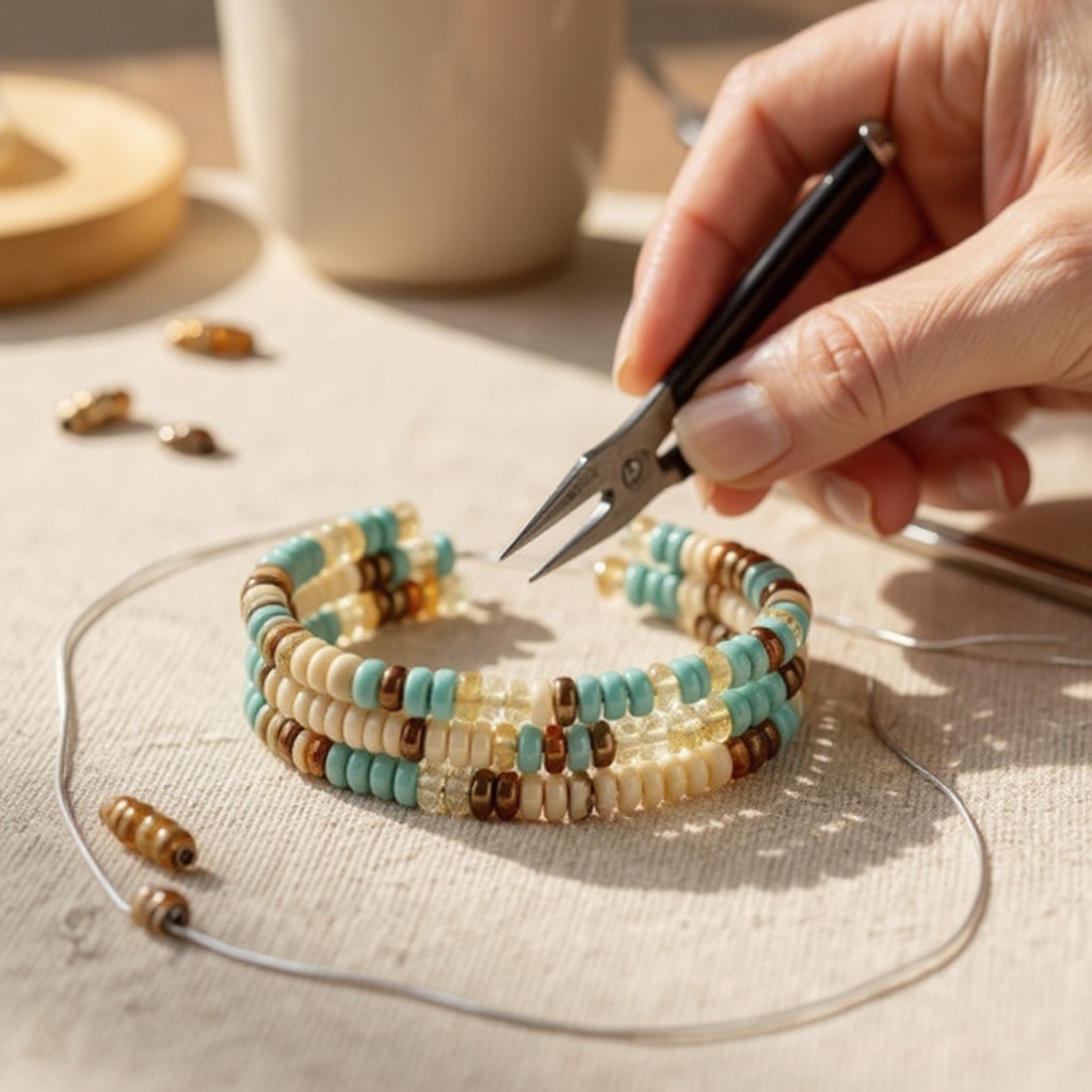 Step 6: Fill the wire with beads until you are happy with the fullness of the bracelet, 