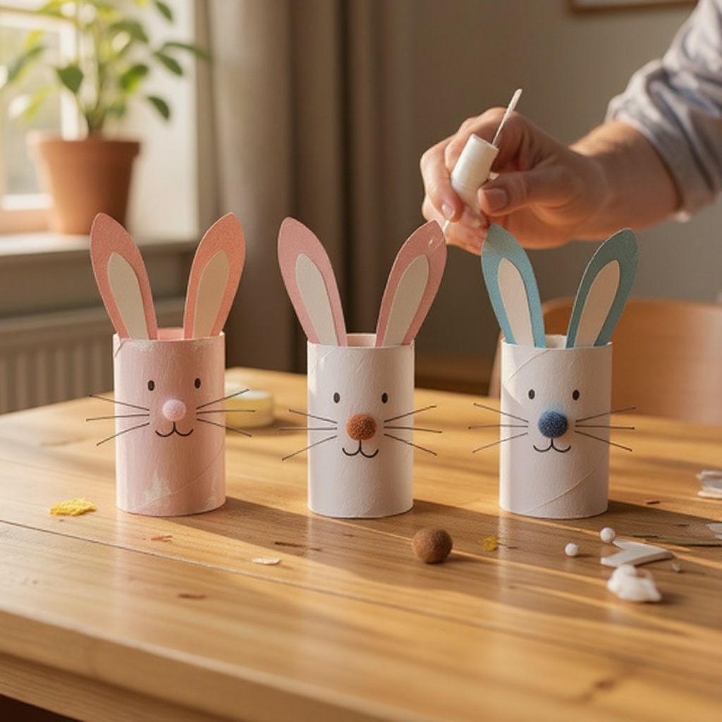 Step 11: Glue the tiny brown triangle nose below the cheeks on each bunny.