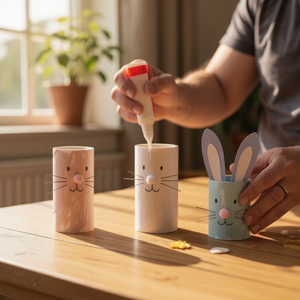 Step 6: Apply glue to the bottom edge of one toilet paper roll and attach it to the bott