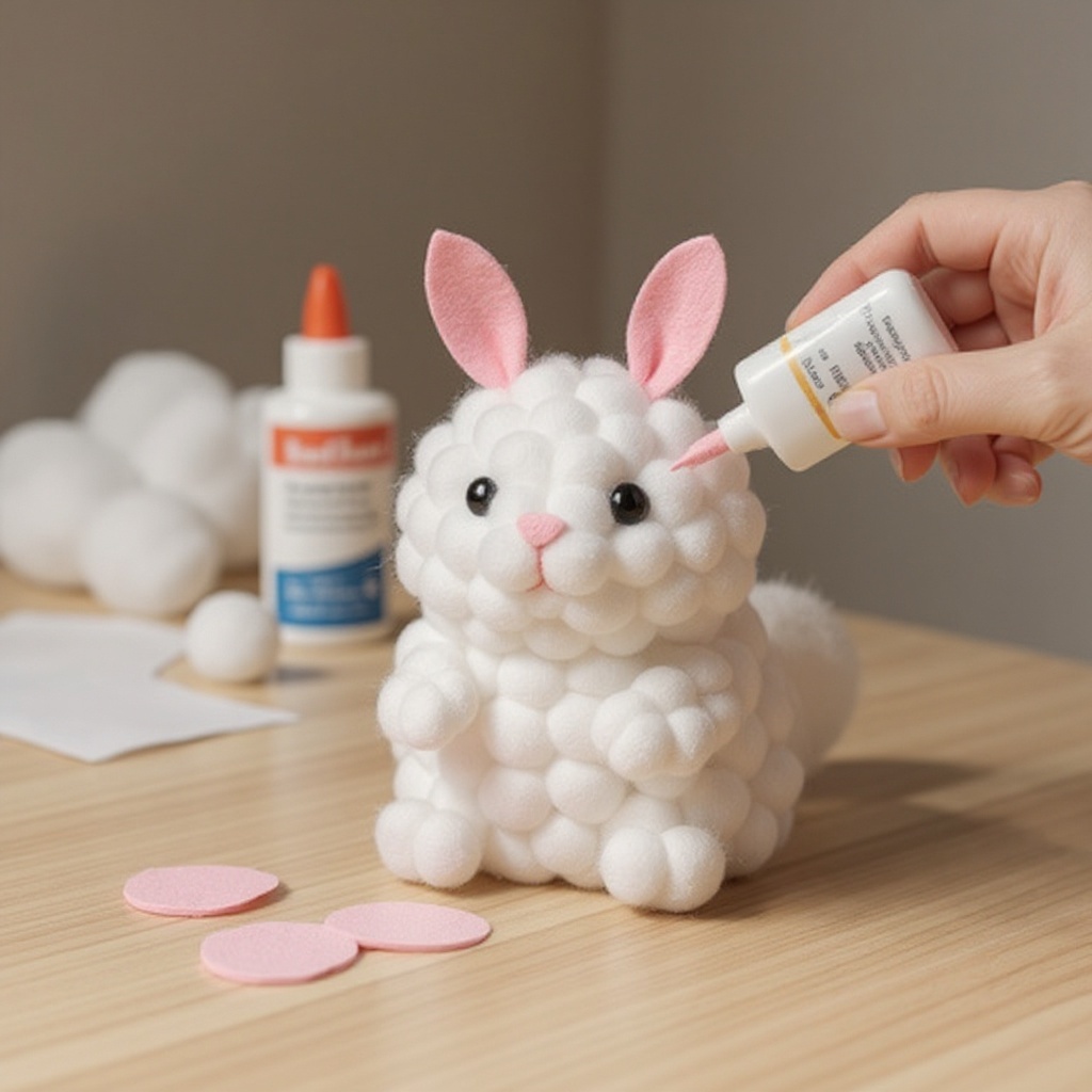 Step 4: Glue the pink oval ear shapes onto the white bunny ears.