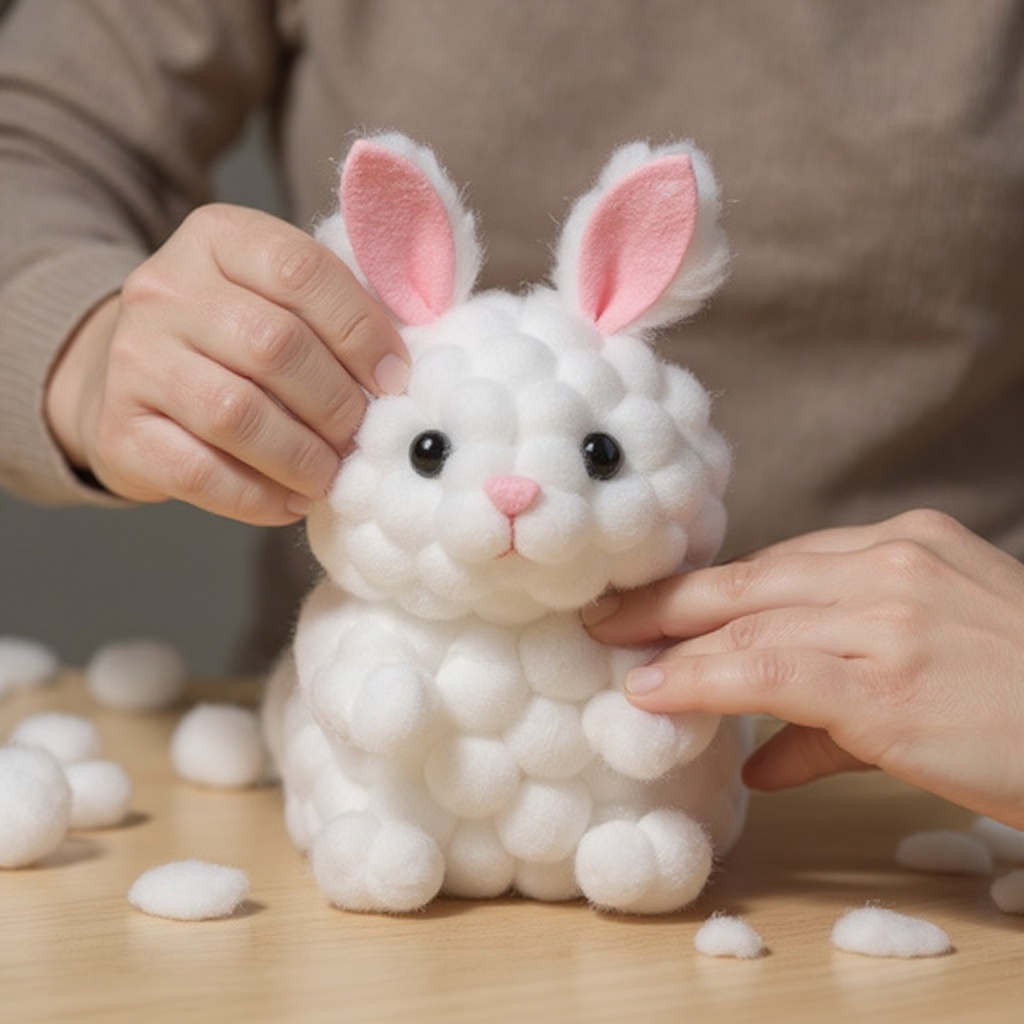 Step 6: Press cotton balls firmly into the glue, covering the entire bunny body. Overlap