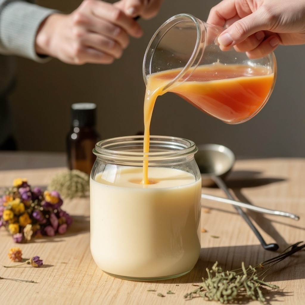 Step 10: Carefully pour the scented wax into the prepared container, holding the containe