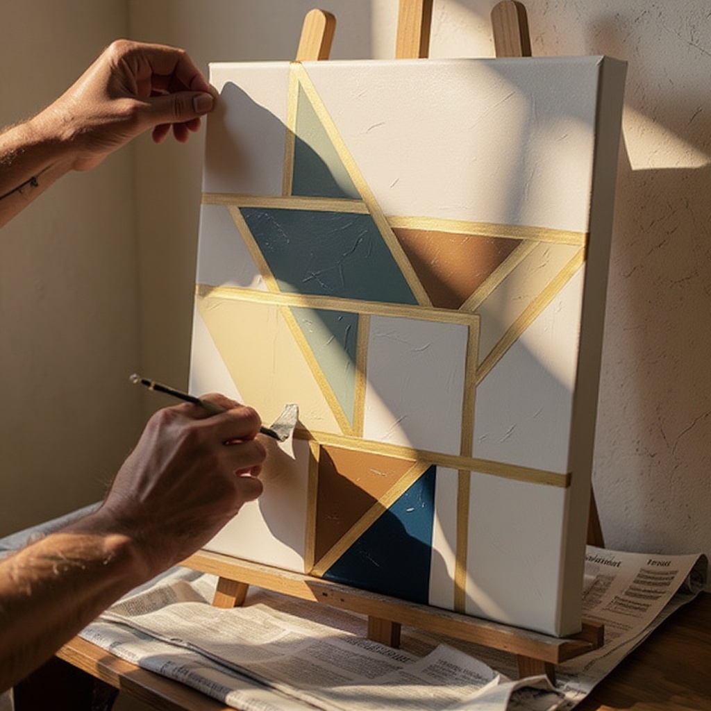 Step 3: Using the painter's masking tape, begin creating geometric shapes on the canvas.