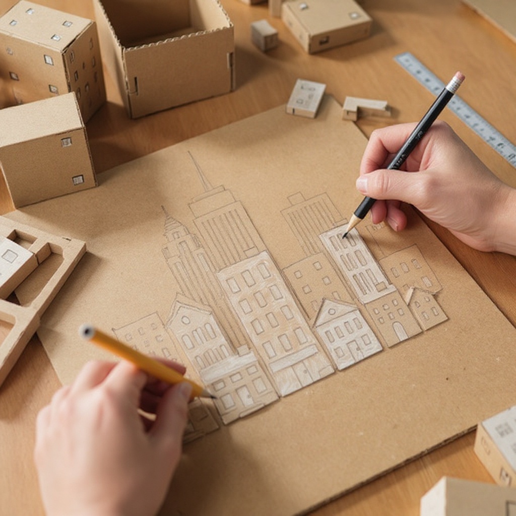 Step 2: Using a ruler and pencil, sketch out simple building shapes on the cardboard. Th