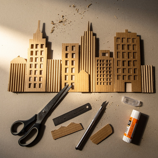 Multiple Cardboard City Skyline crafts from above