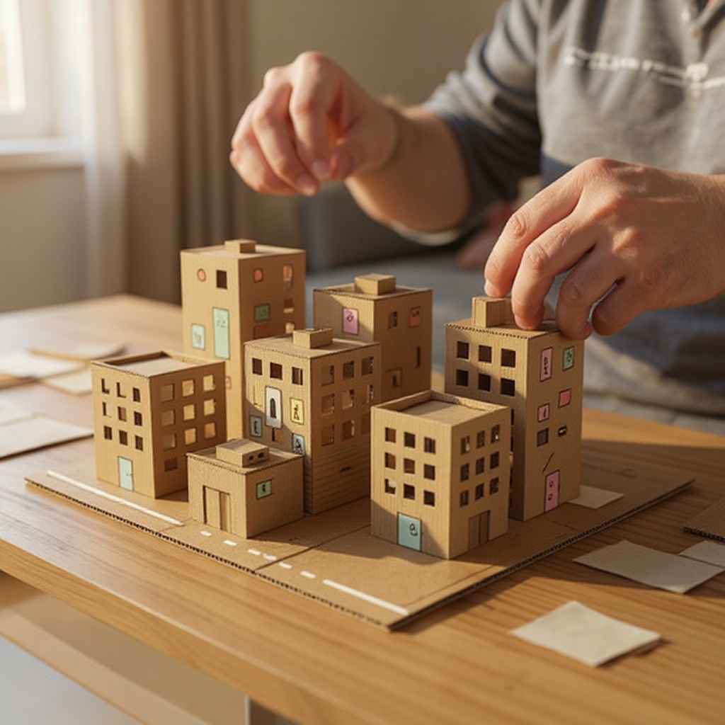 Step 4: Assemble the buildings by folding and gluing the edges together to create 3D str