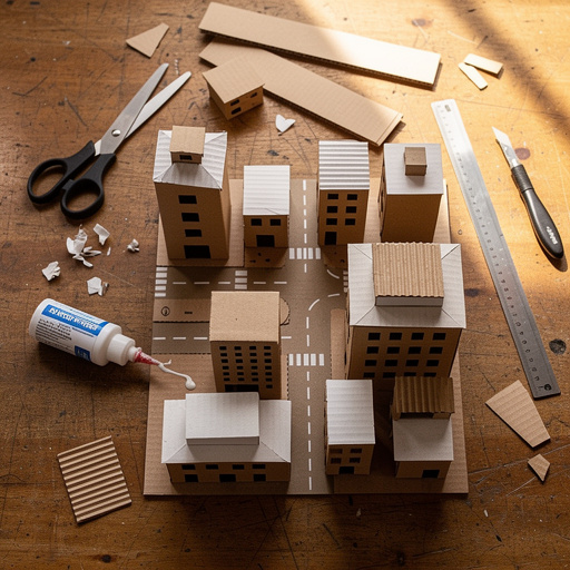 Multiple Cardboard Cityscape Diorama crafts from above