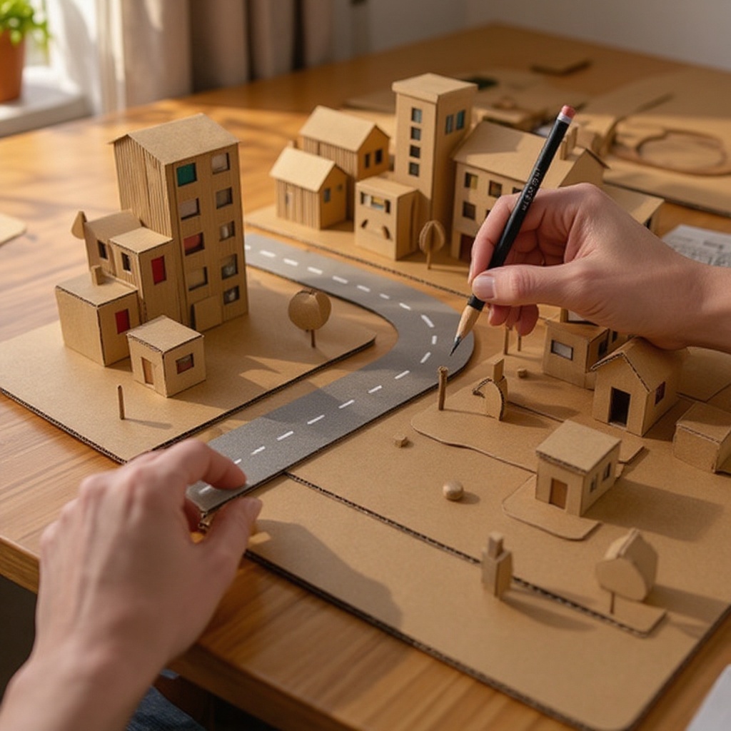 Step 2: Using a ruler and pencil, sketch out the basic shapes of your buildings on the c