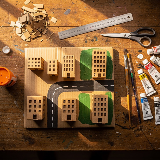 Multiple Cardboard Cityscape Diorama crafts from above