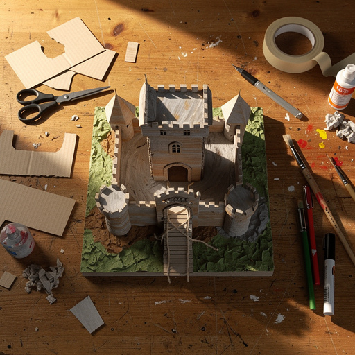 Multiple Cardboard Castle Diorama crafts from above