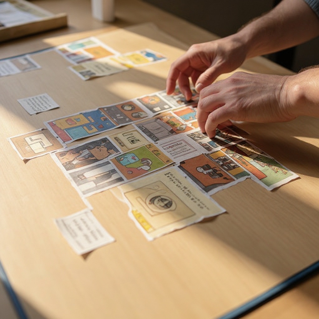 Step 4: Begin arranging your collected scraps on your cardstock without gluing. Experime