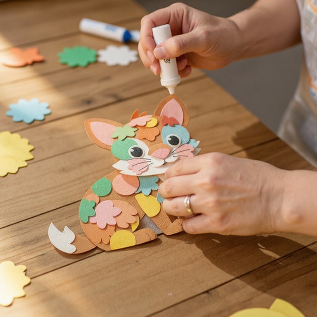 Step 6: Begin assembling your animal by gluing the body onto the background paper. Posit