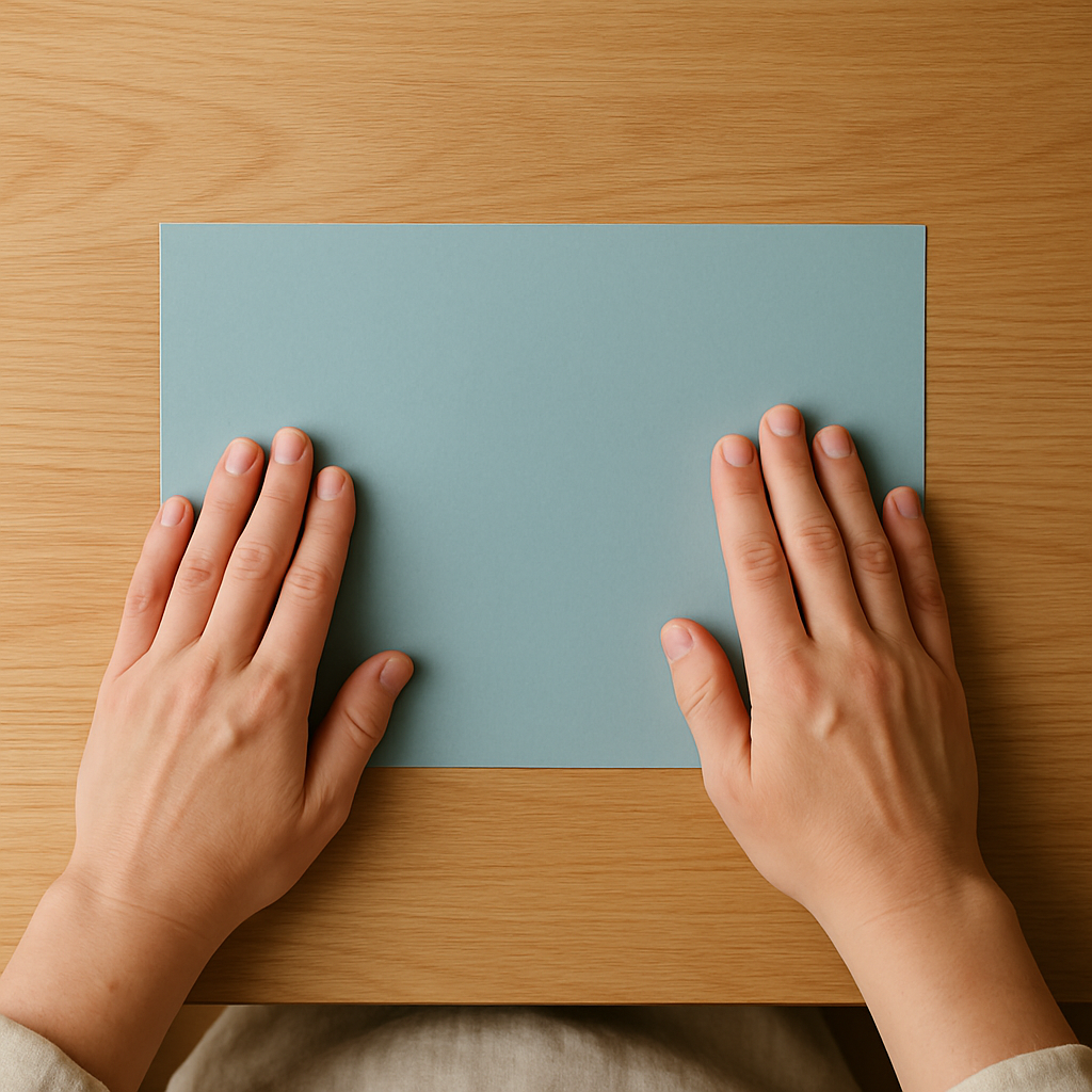 Adult hands flatten a light blue construction paper sheet horizontally on a pale oak table, preparing the base for Shape Critters.