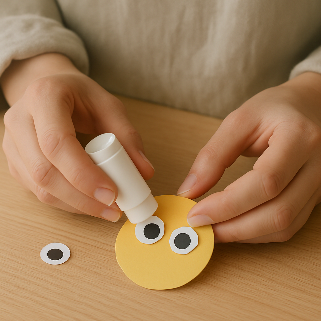 Hands apply glue to a white paper eye with a black pupil using a glue stick. It's for a Construction Paper Shape Critter's yellow head.