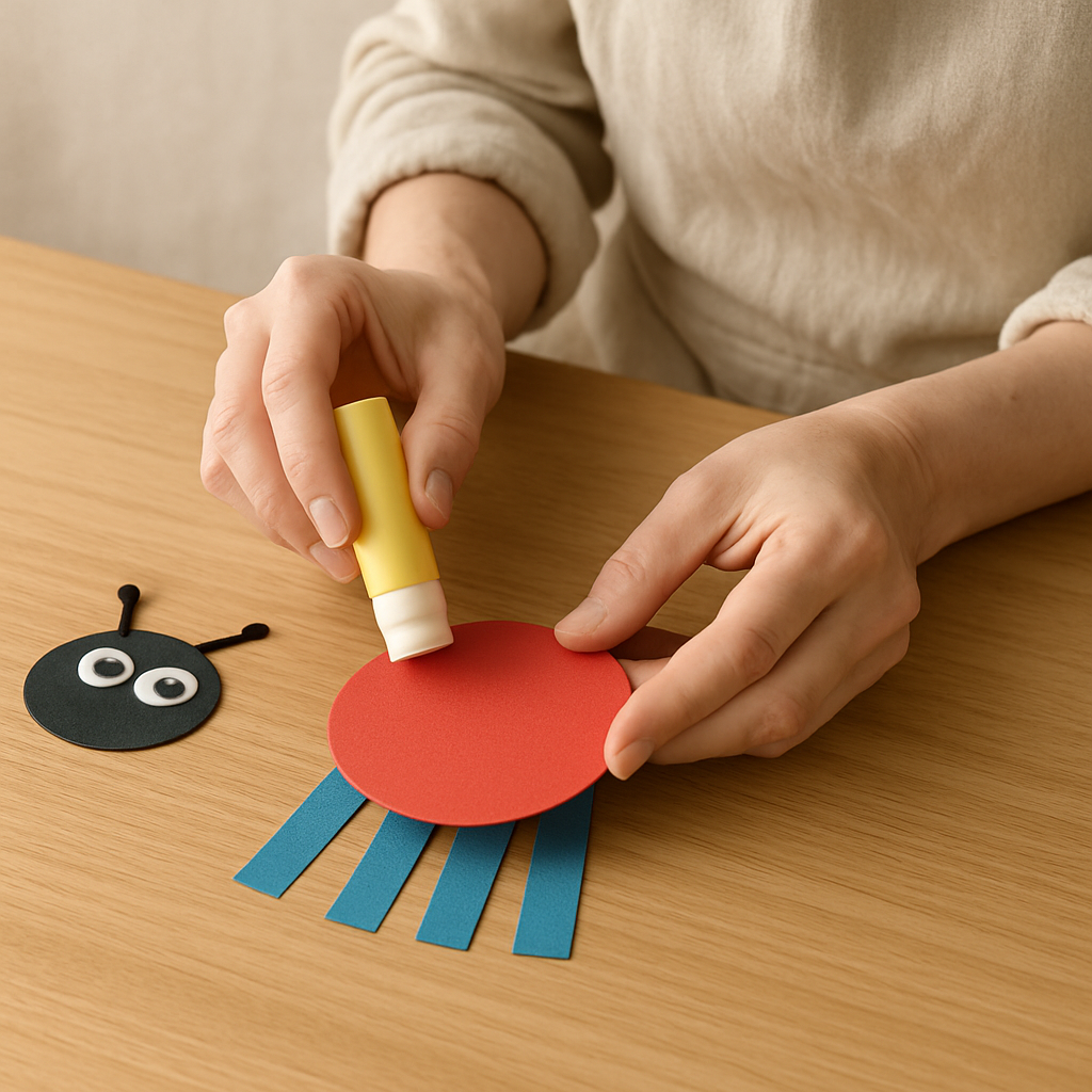 Adult hands apply glue to the back of a red paper circle body for a Construction Paper Shape Critter. Blue leg strips are underneath; a black head is nearby on wood.