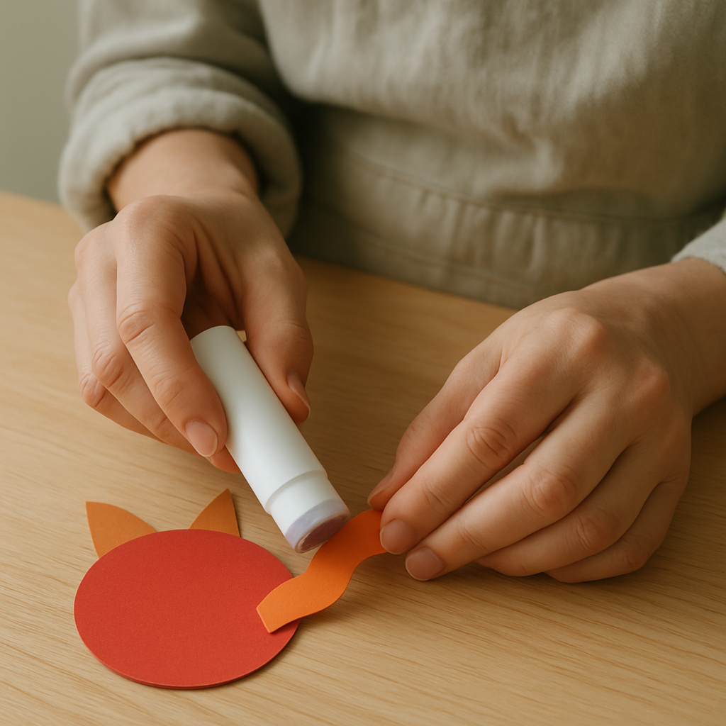 Hands apply glue to an orange wavy paper tail, attaching it to a red paper body with ears for a Construction Paper Shape Critter.