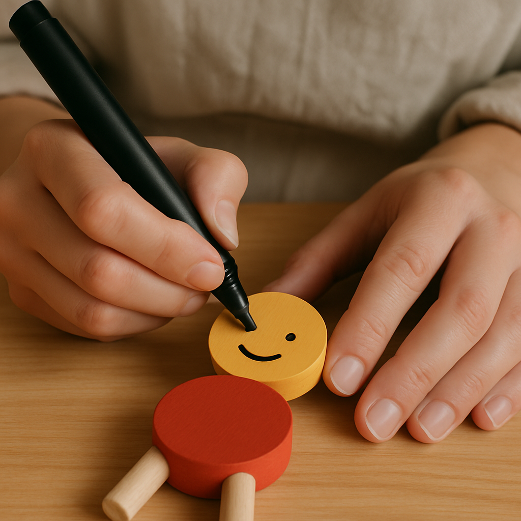 Close-up of adult hands using a black marker to draw a simple smile on a yellow wooden head. The critter has a red body and wooden legs, resting on a pale wood table.