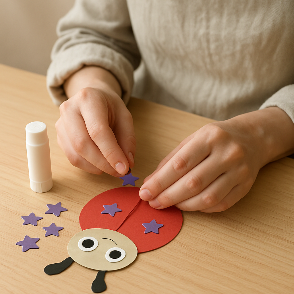 Adult hands glue small purple stars onto a red construction paper ladybug body, completing a Construction Paper Shape Critters craft.