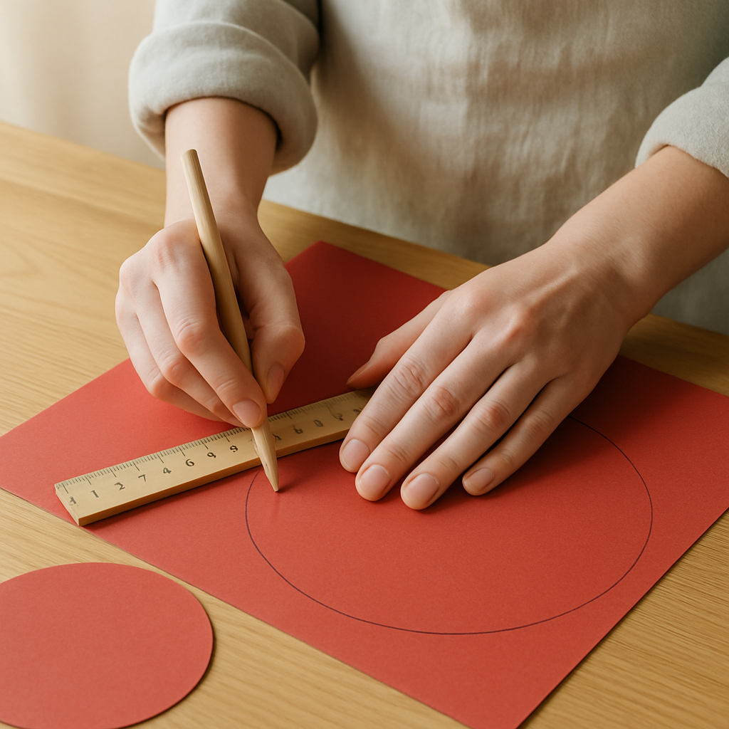 Adult hands drawing a circle on red construction paper with a pencil and wooden ruler for Construction Paper Shape Critters. A cut circle is nearby.