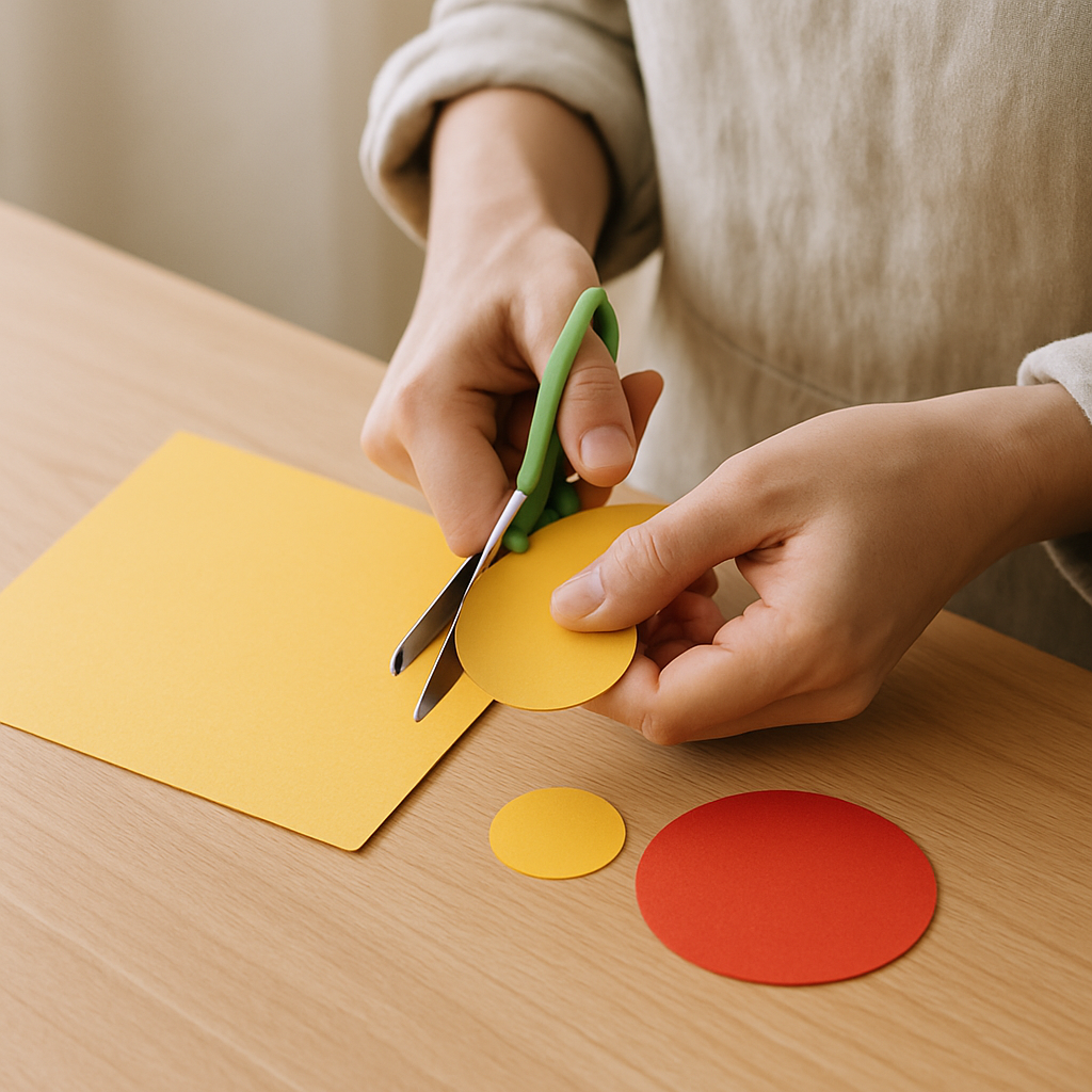 Adult hands with green scissors cut a yellow paper circle for Construction Paper Shape Critters. A smaller yellow circle and a red circle rest on a pale wood table.