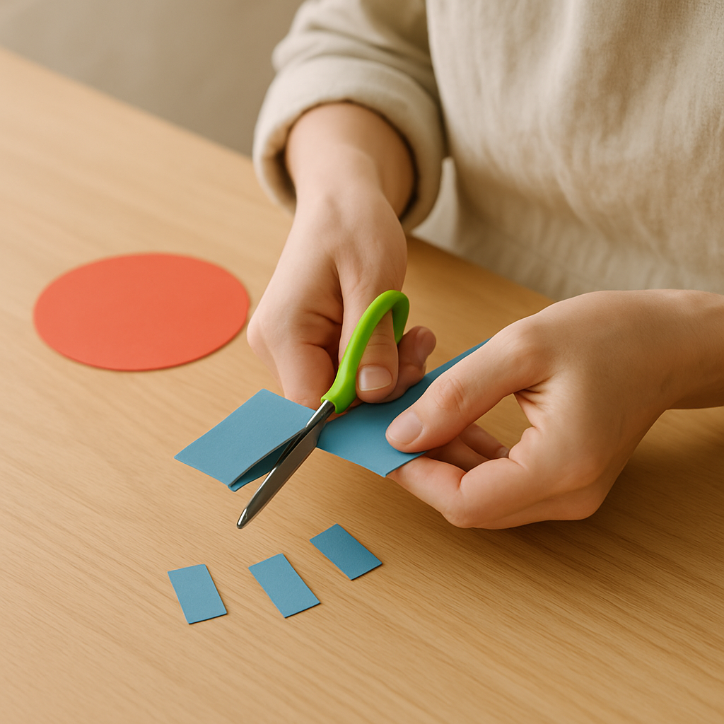 Adult hands cut blue construction paper into small rectangles for Construction Paper Shape Critters legs on a wood table.