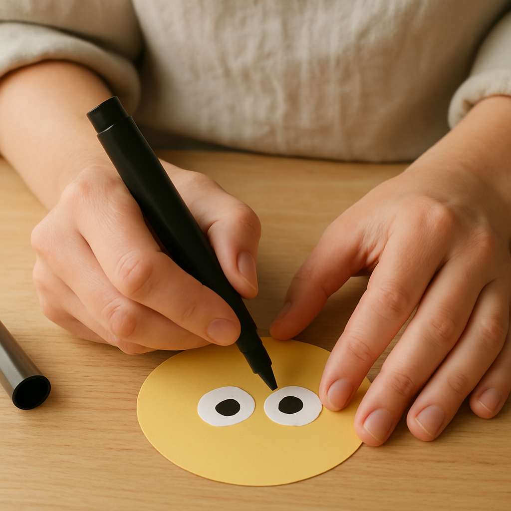 Adult hands use a black marker to draw a pupil on a white paper eye, creating a Construction Paper Shape Critter on a pale wood table.