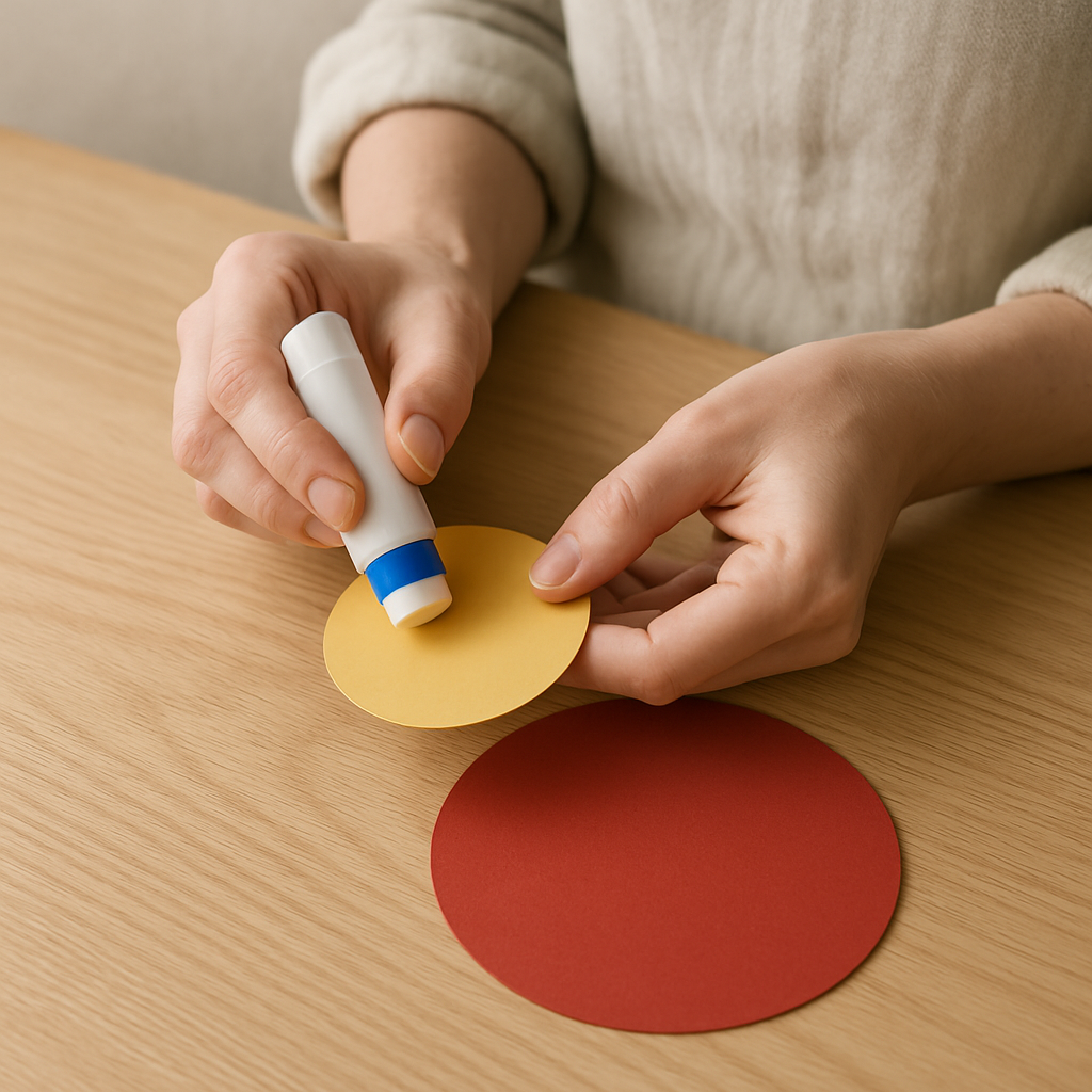 Adult hands apply glue to a yellow paper circle, the head for a Construction Paper Shape Critter. A red body circle rests on a pale oak table.