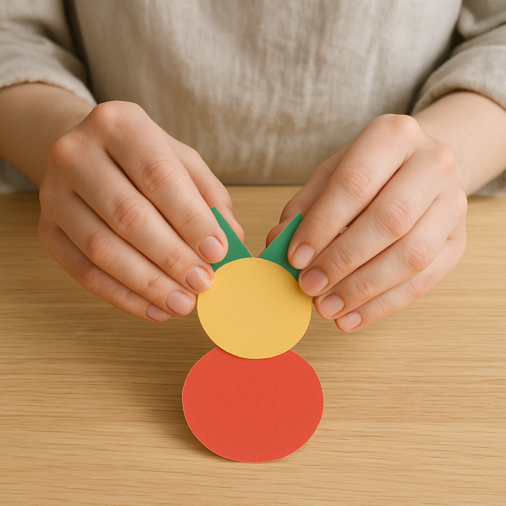 Adult hands press green paper ears onto a yellow paper head, forming a Construction Paper Shape Critter on a wood table.