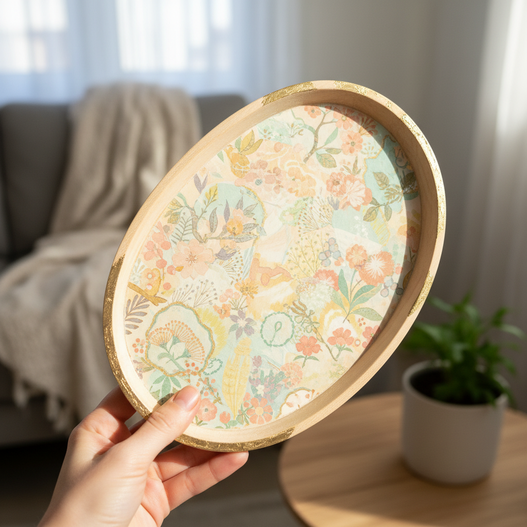 Decoupage Wooden Tray held in hand