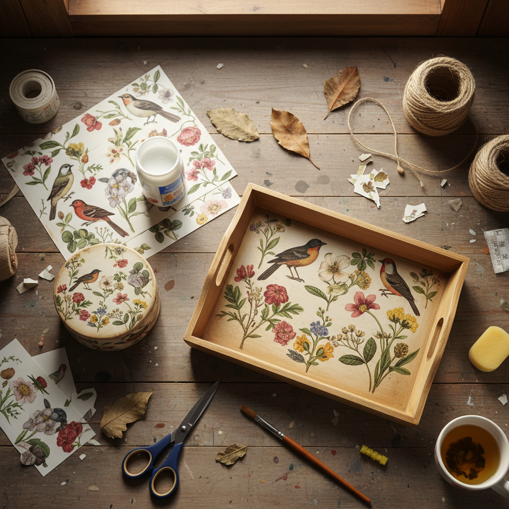 Multiple Decoupage Wooden Tray crafts from above