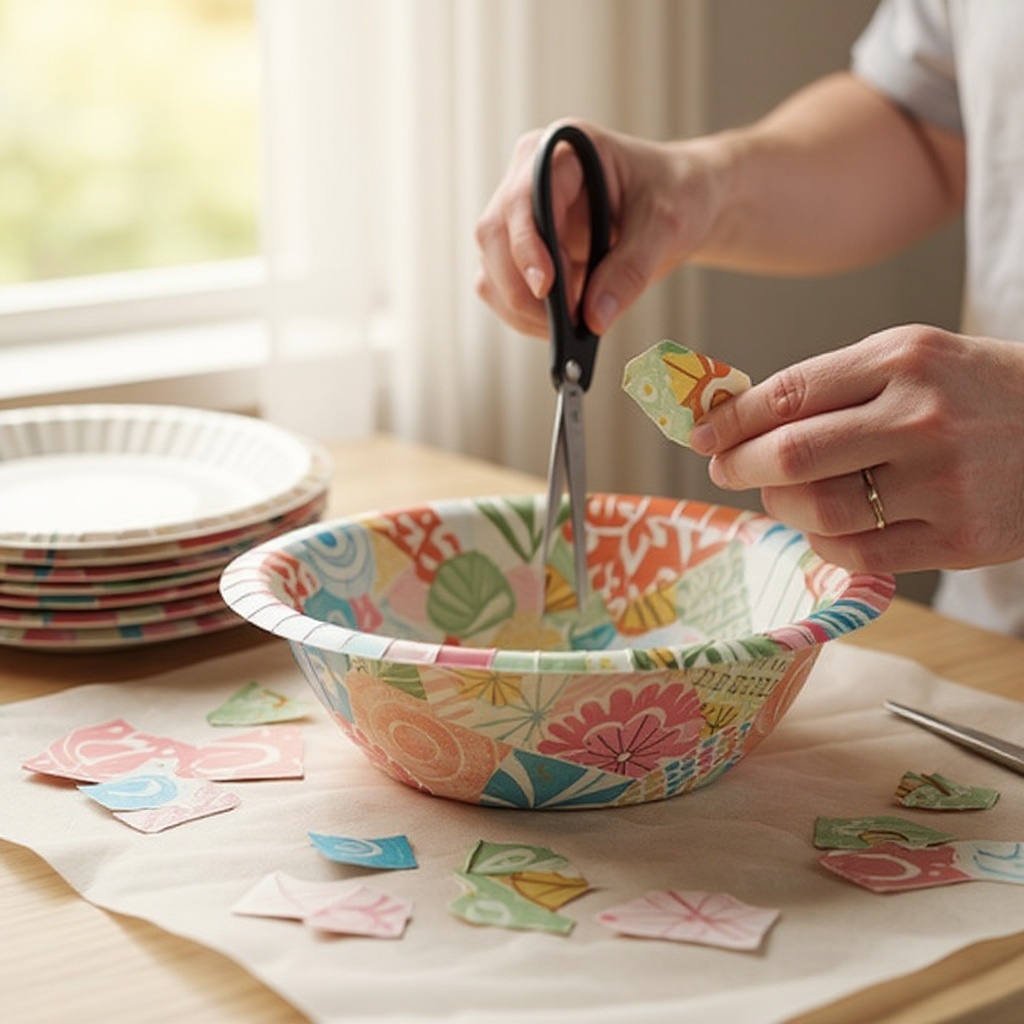 Step 2: Select your decorative papers and begin cutting them into small pieces or strips