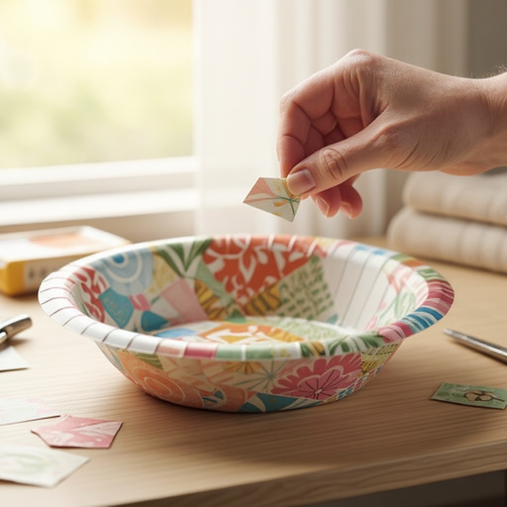 Step 4: Begin adhering the decorative paper pieces onto the Mod Podge-covered plate. Sta