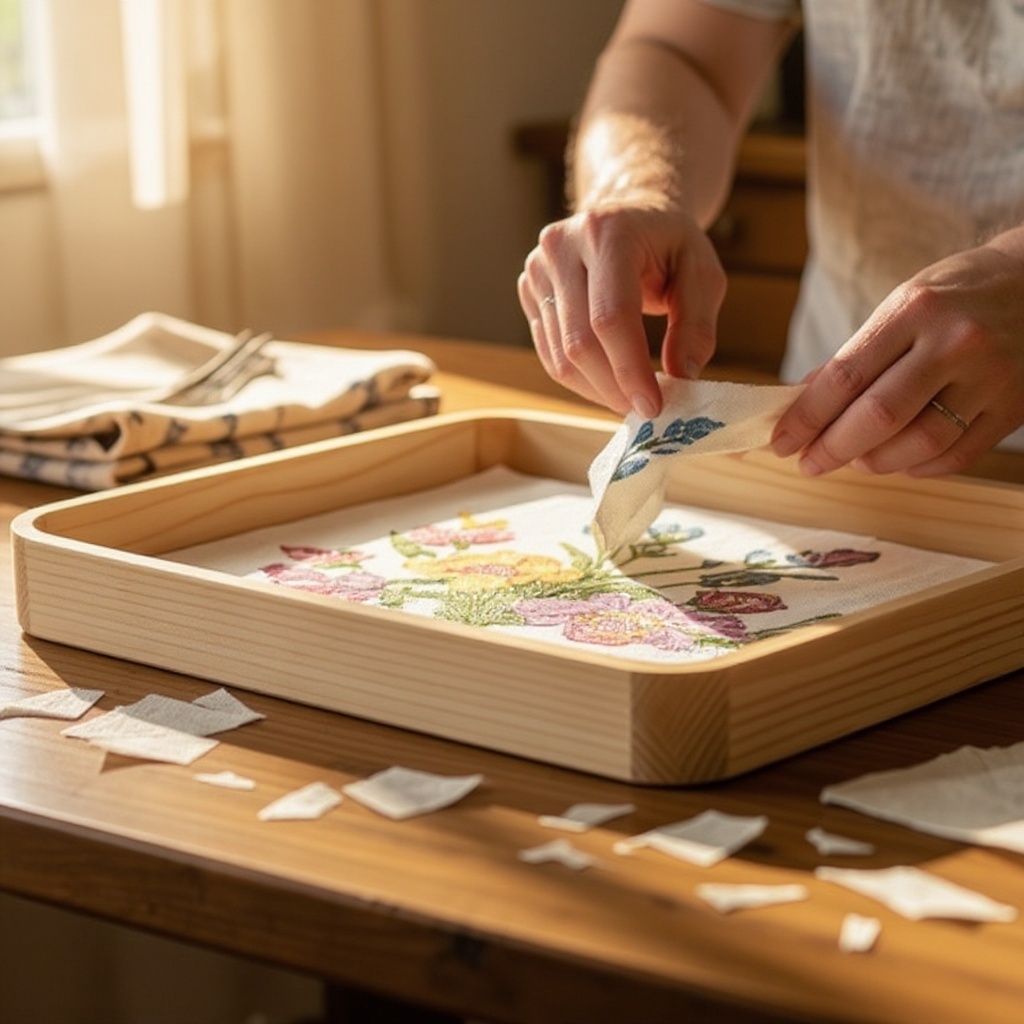 Step 4: Cut or tear the napkin design to fit the desired area of your tray. Don't worry 