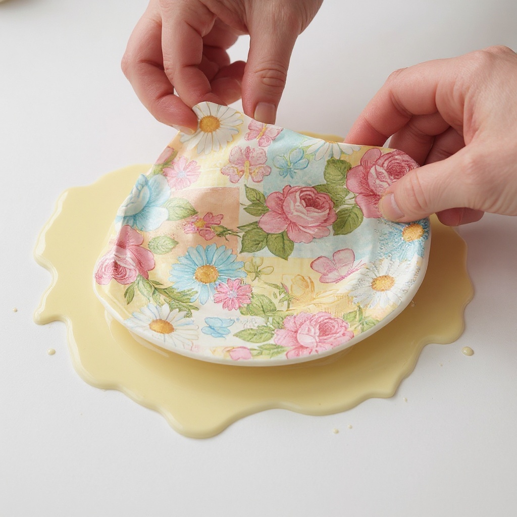Step 5: Carefully position the single-ply napkin design onto the wet Mod Podge, starting